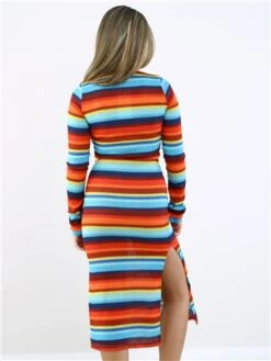 Saint Genies Blue / Red / Yellow Stripe Midi Knit Dress -Deals The Lush Dresses Store 28883 3