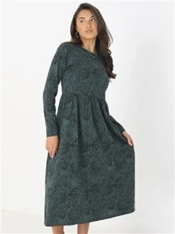 Brave Soul Black / Green Animal Print Long Sleeve Midi Smock Dress