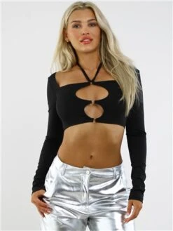 Saint Genies Black Long Sleeve Crop Top With Cut Out