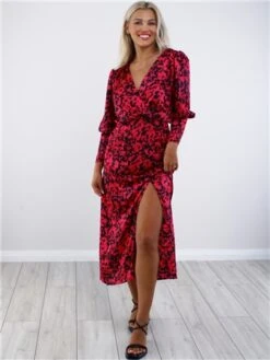 Ax Paris Cerise And Black Printed Split Skirt Midi Dress -Deals The Lush Dresses Store 28960 2