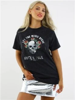 Missi London Acid Wash Charcoal Skull Print T-Shirt