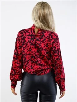 Ax Paris Cerise And Black Pattern High Neck Satin Long Sleeve Top -Deals The Lush Dresses Store 28970 3