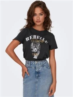 Only Black / Phantom Lucy O Neck T-Shirt With Print