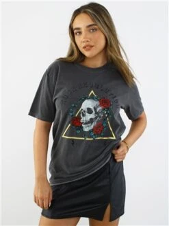 Missi London Acid Wash Charcoal Skull Rose Print T-Shirt