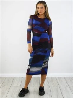 Brave Soul Blue Printed Mesh Long Sleeve Midi Dress -Deals The Lush Dresses Store 29062 2
