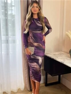 Ax Paris Plum Printed Long Sleeve Ruched Bodycon Midi Dress -Deals The Lush Dresses Store 29177 2