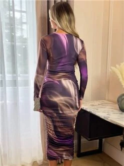 Ax Paris Plum Printed Long Sleeve Ruched Bodycon Midi Dress -Deals The Lush Dresses Store 29177 3