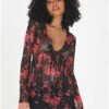Brave Soul Black Rose Ruffle Detail Mesh Long Sleeve Tie Top