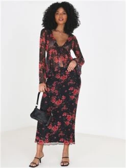 Brave Soul Black Rose Ruffle Detail Mesh Long Sleeve Tie Top -Deals The Lush Dresses Store 29192 2