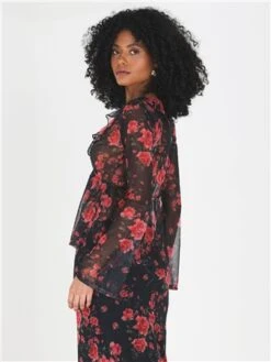 Brave Soul Black Rose Ruffle Detail Mesh Long Sleeve Tie Top -Deals The Lush Dresses Store 29192 3