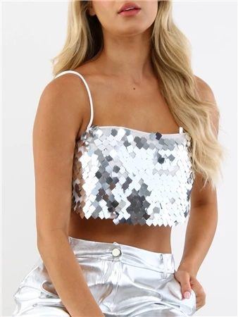 Glamorous Silver Large Sequin Strappy Crop Top 2 Glamorous Silver Large Sequin Strappy Crop Top - Image 2
