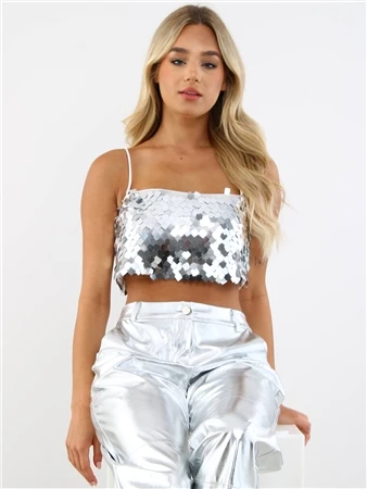 Glamorous Silver Large Sequin Strappy Crop Top 1 Glamorous Silver Large Sequin Strappy Crop Top