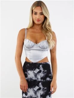 Saint Genies Silver Layla Satin Lace Up Back Crop Top