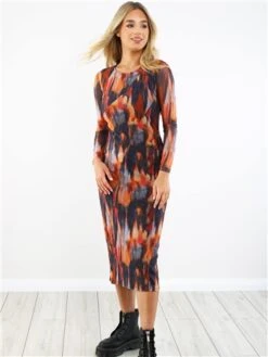 Brave Soul Orange Printed Mesh Long Sleeve Midi Dress -Deals The Lush Dresses Store 29203 2