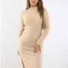 Brave Soul Biscuit Ribbed Long Sleeve Split Hem Midi Jumper Dress