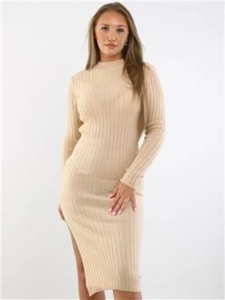 Brave Soul Biscuit Ribbed Long Sleeve Split Hem Midi Jumper Dress