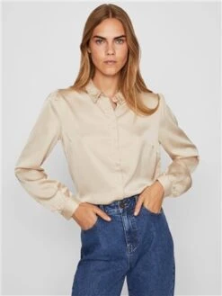 Vila Cement Ellette Long Sleeved Satin Shirt