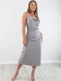 Saint Genies Grey Satin Long Diamante Strap Dress -Deals The Lush Dresses Store 29299 2