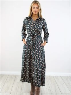 Ax Paris Green/Gold Pattern Midi Shirt Dress -Deals The Lush Dresses Store 29404 2