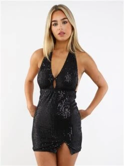 Saint Genies Black Sequin Halter Neck Mini Dress