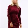 Glamorous Port Red Velvet Rib High Neck Side Split Mini Dress