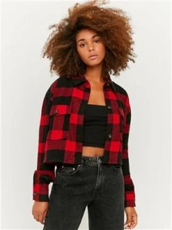Tally Weijl Black / Red Cropped Check Shacket