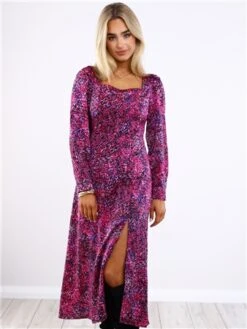 Girl In Mind Purple Pattern Denver Square Neck Midi Dress