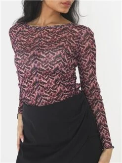 Brave Soul Pink / Navy Print Mesh Ruched Top -Deals The Lush Dresses Store 29584 2