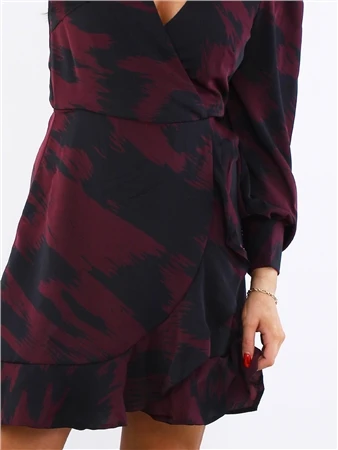 Ax Paris Burgundy / Black Printed Long Sleeve Wrap Mini Dress 2 Ax Paris Burgundy / Black Printed Long Sleeve Wrap Mini Dress - Image 2