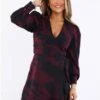 Ax Paris Burgundy / Black Printed Long Sleeve Wrap Mini Dress
