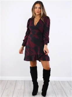 Ax Paris Burgundy / Black Printed Long Sleeve Wrap Mini Dress 6 Ax Paris Burgundy / Black Printed Long Sleeve Wrap Mini Dress -Deals The Lush Dresses Store 29697 2