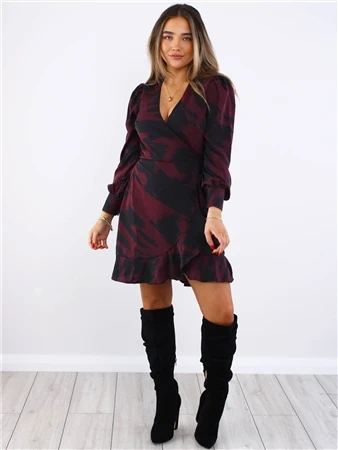 Ax Paris Burgundy / Black Printed Long Sleeve Wrap Mini Dress 3 Ax Paris Burgundy / Black Printed Long Sleeve Wrap Mini Dress - Image 3