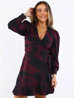 Ax Paris Burgundy / Black Printed Long Sleeve Wrap Mini Dress