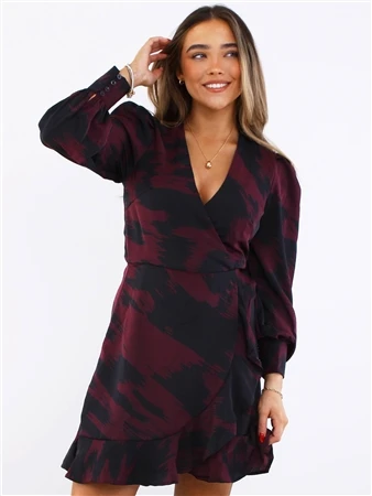 Ax Paris Burgundy / Black Printed Long Sleeve Wrap Mini Dress 1 Ax Paris Burgundy / Black Printed Long Sleeve Wrap Mini Dress